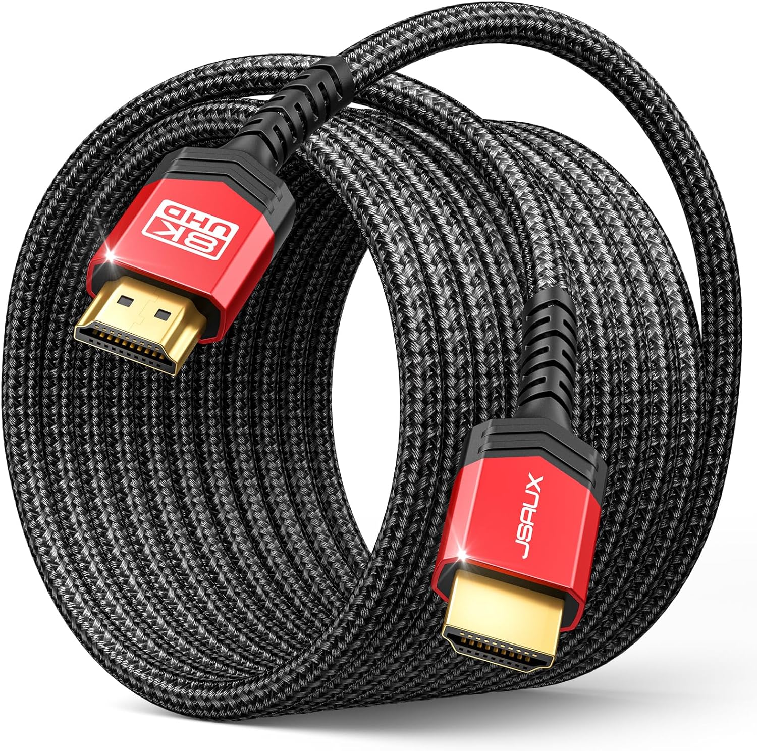 Installing JSAUX 8K HDMI Cables Red 25ft on a wooden desk